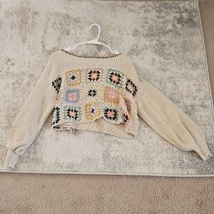 Pink Lily Cream Patchwork Off-the-Shoulder Sweater